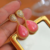 Queen Retro Ethnic Style Earrings Gold-plated Inlay Pink Ear Jewelry