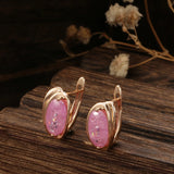 Oval Geometric Zircon Earrings 585 Rose Red Pink Zircon Golden Earrings