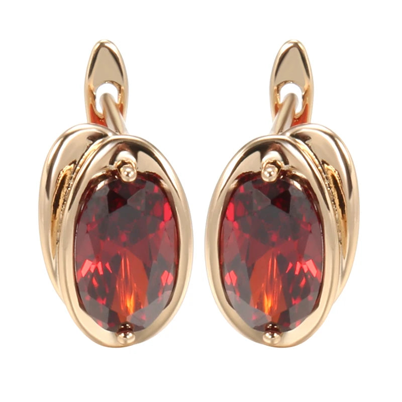 Oval Geometric Zircon Earrings 585 Rose Red Pink Zircon Golden Earrings