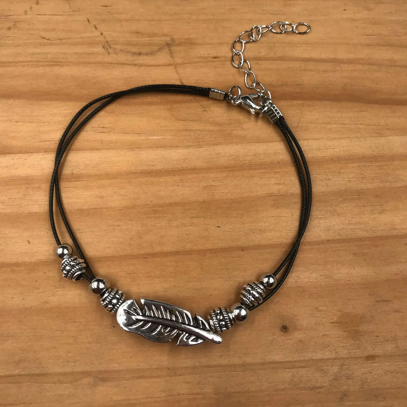 Boho Feather Beads Double Layer Leather Rope Anklet
