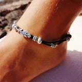 Boho Feather Beads Double Layer Leather Rope Anklet