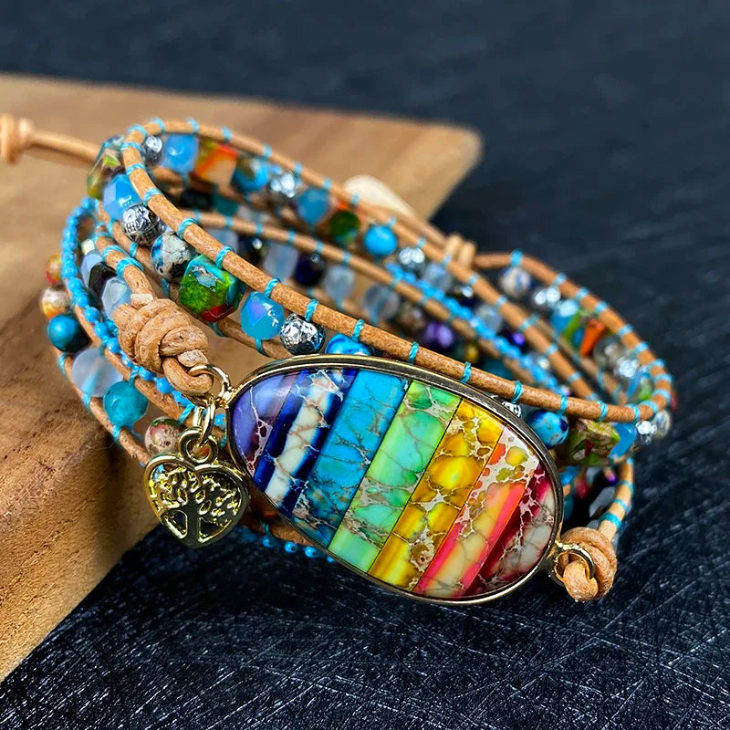 7 Chakra Natural Stone Leather Wrap Bracelet&Bangle with Pendant Jewelry