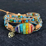 7 Chakra Natural Stone Leather Wrap Bracelet&Bangle with Pendant Jewelry