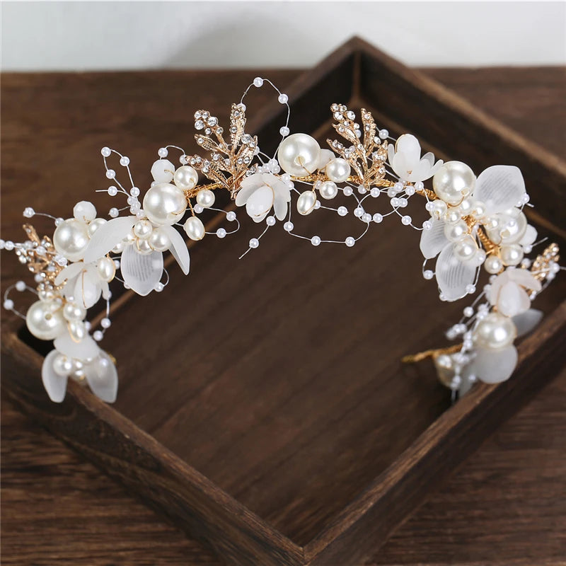 Bridal Flower Tiara Crown Headdress with Pearl Beads