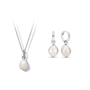 Sterling Silver Pearl Hoop Necklace Earrings Set