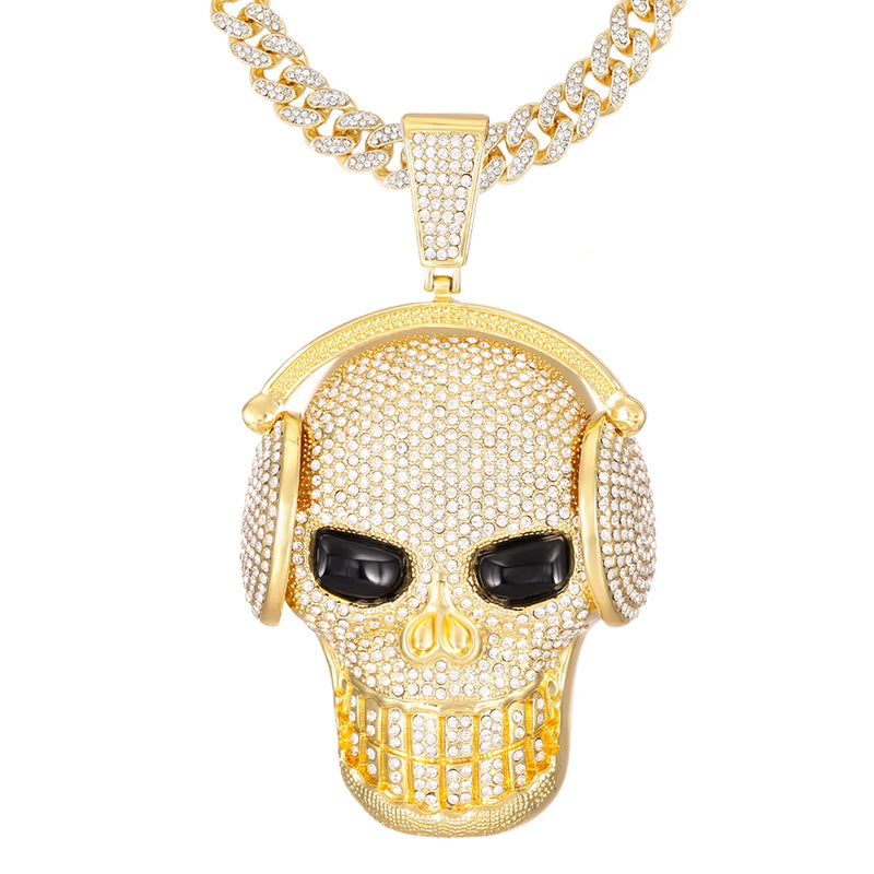 Skull Skeleton Pendant Necklace 13mm Cuban Chain Jewelry