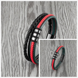 Interlock Couple 316L Steel Charm Bracelet Red Green Leather Rope Men Women