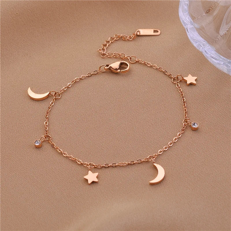 Adjustable Stainless Steel Charm Bracelet with Moon Star Pendant