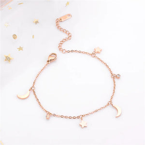 Adjustable Stainless Steel Charm Bracelet with Moon Star Pendant
