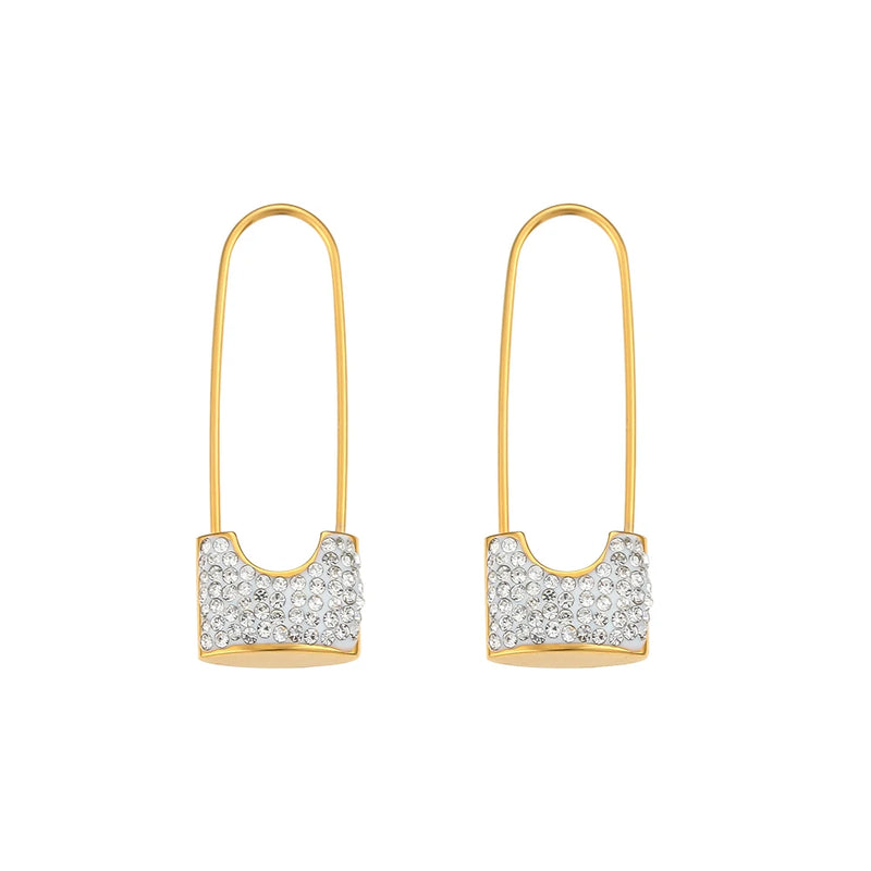 Zircon Padlock Earrings Stainless Plated Safety Pin Earring