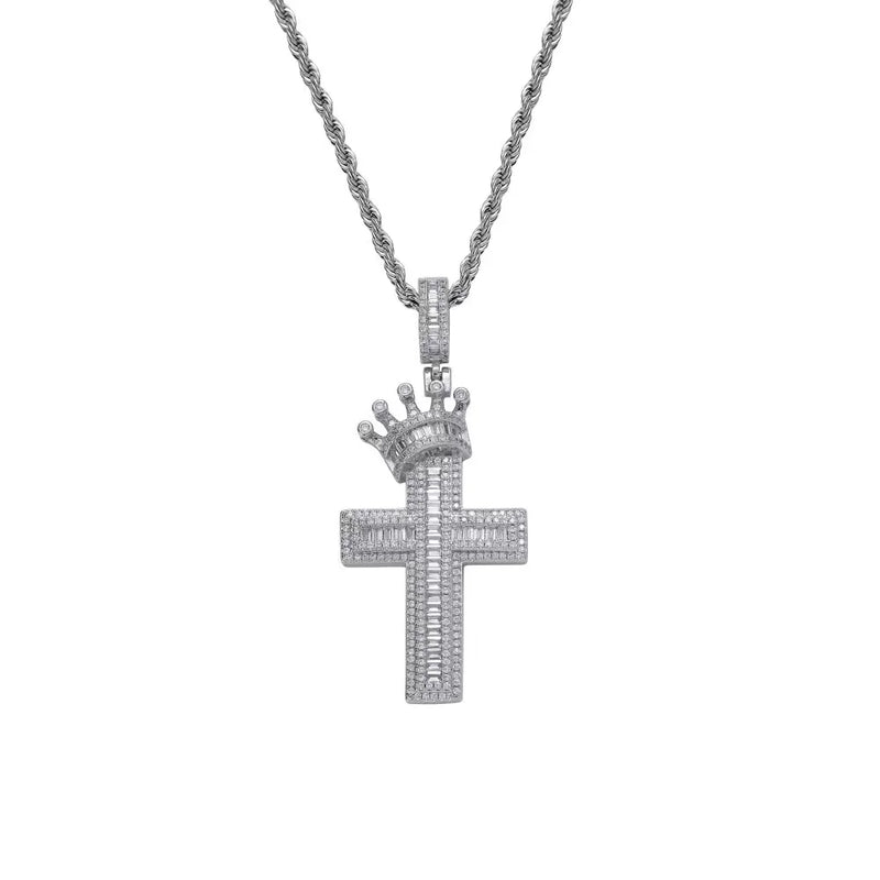 Men Hip Hop Cross Crown Pendant Necklace Iced Out Zircon Bling