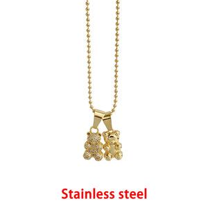 Metal Crystal Bear Necklace For Women Silver Choker Stainless Steel Chain