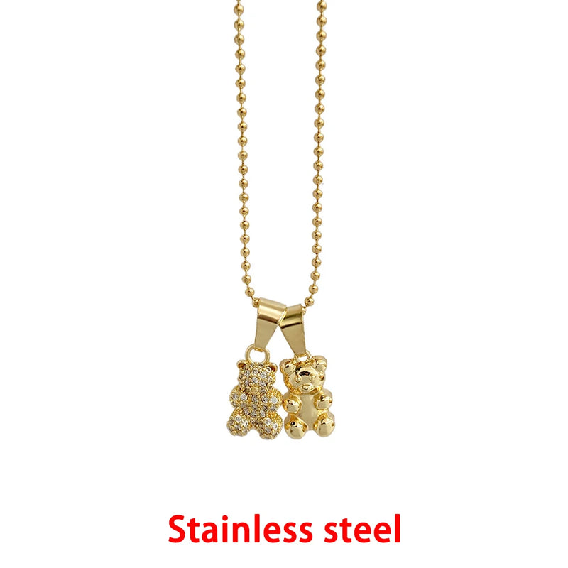 Metal Crystal Bear Necklace For Women Silver Choker Stainless Steel Chain