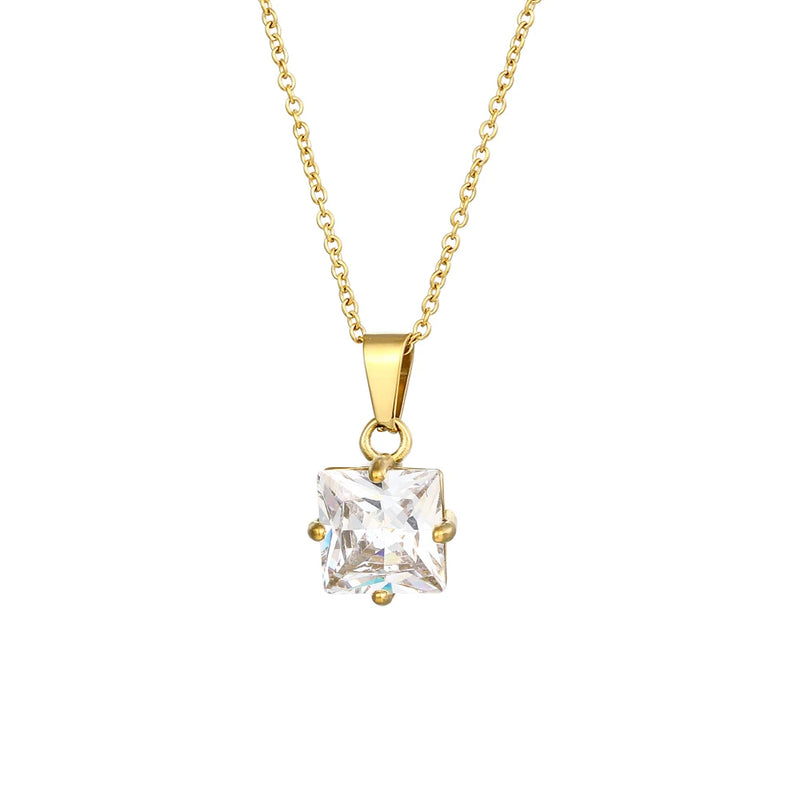 AAA Clear CZ Square Pendant Necklace Stainless Steel 18K Crystal Jewelry