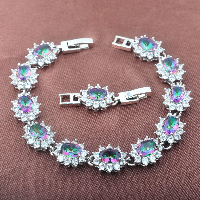 Multicolor Rainbow Zirconia Bangle Link Chain Bracelet