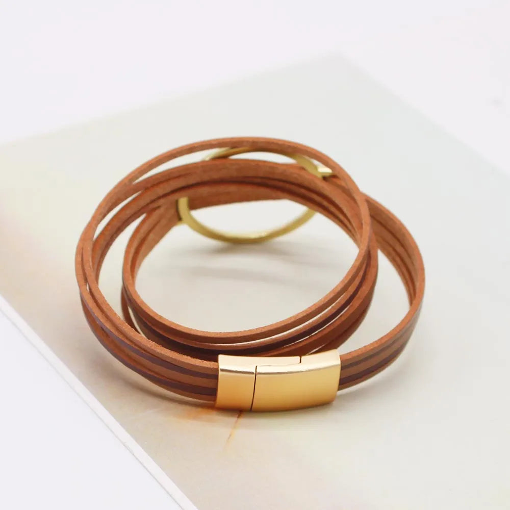 Retro Bronze Leather Bracelet for Women Vintage Wrap Bangle