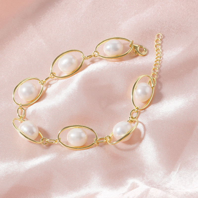 Freshwater Pearl Chain Bracelet 925 Silver Plated Jewelry