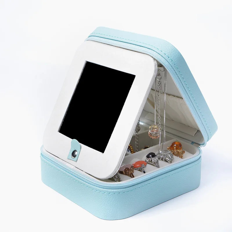 PU Leather Jewelry Display Storage Case With Mirror Zipper Travel Jewellery Box