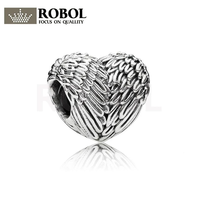 925 Silver Angel Feather Heart Bead Women's Charm