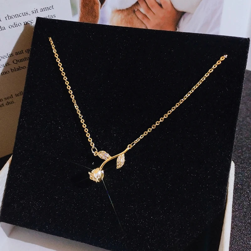 14K Real Rose Flower Chain Necklace for Women Zircon Choker Party Gift