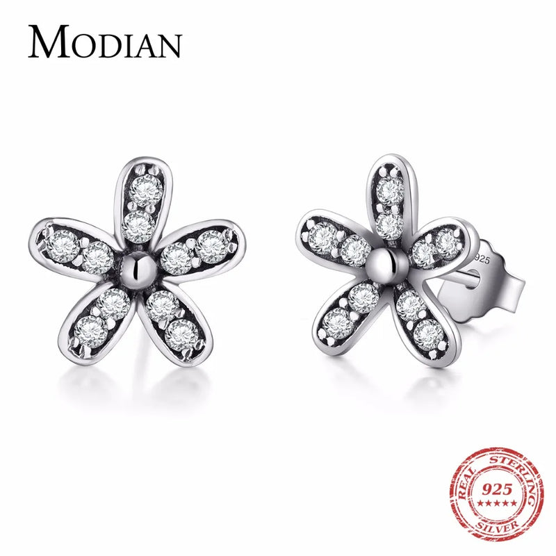 925 Silver Flower Stud Earrings CZ Vintage Jewelry