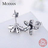 925 Silver Flower Stud Earrings CZ Vintage Jewelry