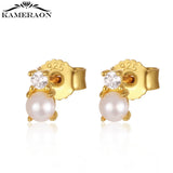S925 Round Shell Pearl Stud Earrings with Zircon