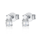 S925 Round Shell Pearl Stud Earrings with Zircon