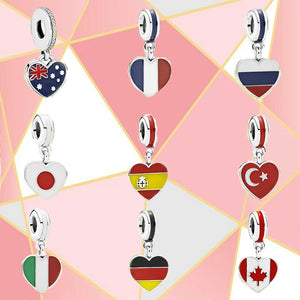 S925 Silver Heart-shaped Flags Of France, Russia, Japan, Spain, Australia