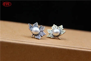 S925 Sterling Silver Thai Retro Forest Art Leaf Stud Earrings