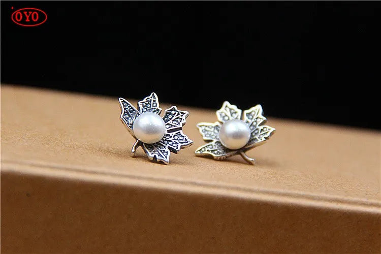 S925 Sterling Silver Thai Retro Forest Art Leaf Stud Earrings