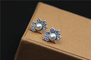 S925 Sterling Silver Thai Retro Forest Art Leaf Stud Earrings