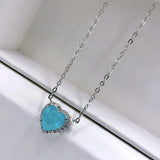 925 Silver Love Heart Paraiba Stone Necklace Clavicle Chain Pendant
