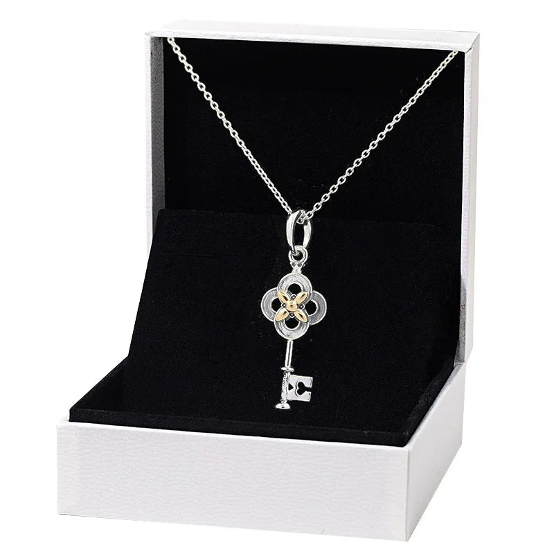 925 Sterling Silver Spring Key & Flower Necklace