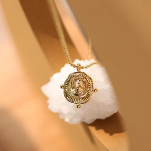 Vintage Sunflower Pendant Necklace Stainless Steel Beads Chain