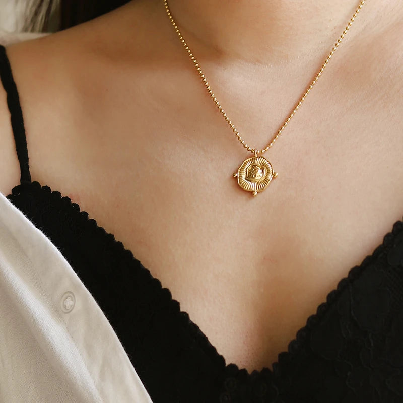 Vintage Sunflower Pendant Necklace Stainless Steel Beads Chain
