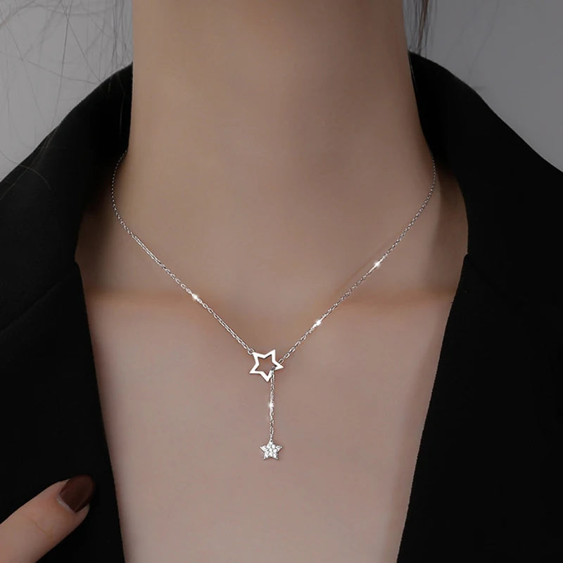 925 Silver Star Pull Tassel Pendant Clavicle Chain Women Jewelry