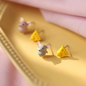 Cartoon Cheese Mouse Earrings Asymmetric Animal Stud Earrings