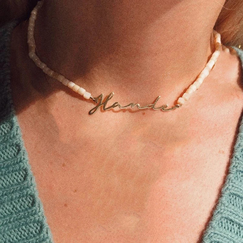 Custom Stainless Steel Name Pendant with Shell Bead Jewelry