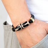 Tiger Tooth Big Dzi Agate Bracelet Men's 316L Stainless Steel Leather Cord