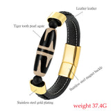 Tiger Tooth Big Dzi Agate Bracelet Men's 316L Stainless Steel Leather Cord