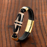 Tiger Tooth Big Dzi Agate Bracelet Men's 316L Stainless Steel Leather Cord