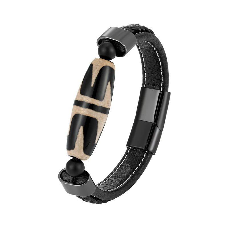 Tiger Tooth Big Dzi Agate Bracelet Men's 316L Stainless Steel Leather Cord