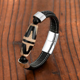 Tiger Tooth Big Dzi Agate Bracelet Men's 316L Stainless Steel Leather Cord