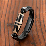 Tiger Tooth Big Dzi Agate Bracelet Men's 316L Stainless Steel Leather Cord