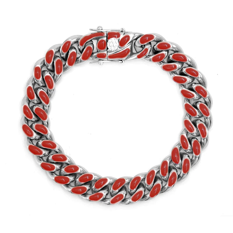 Red Pink Cuban Chain Men Bracelet Classic Modern Stainless Steel 12mm