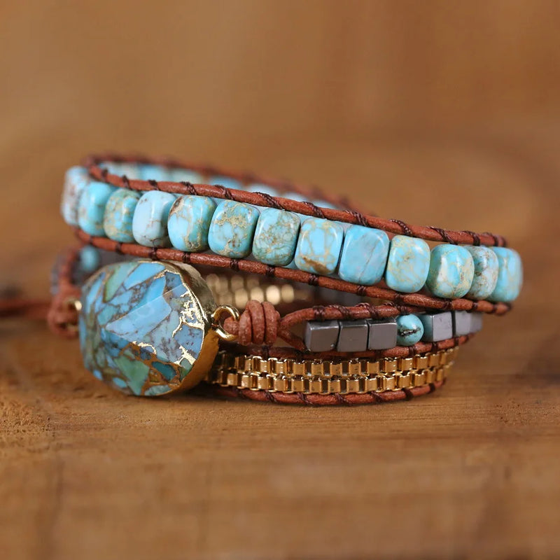 Turquoise Hand Woven Multilayer Leather Bracelet Natural Stone Bracelet