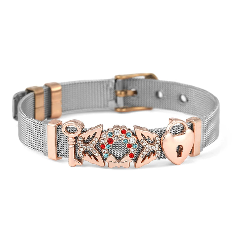 Stainless Steel Mesh Bracelet Butterfly Flower Beads Bangle Jewelry
