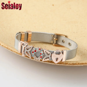 Stainless Steel Mesh Bracelet Butterfly Flower Beads Bangle Jewelry