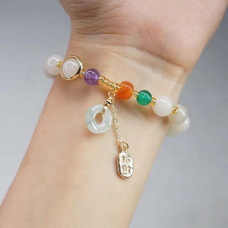 Vintage Natural Jade Agate Beaded Strand Bracelets Round Jade Pendant Jewelry